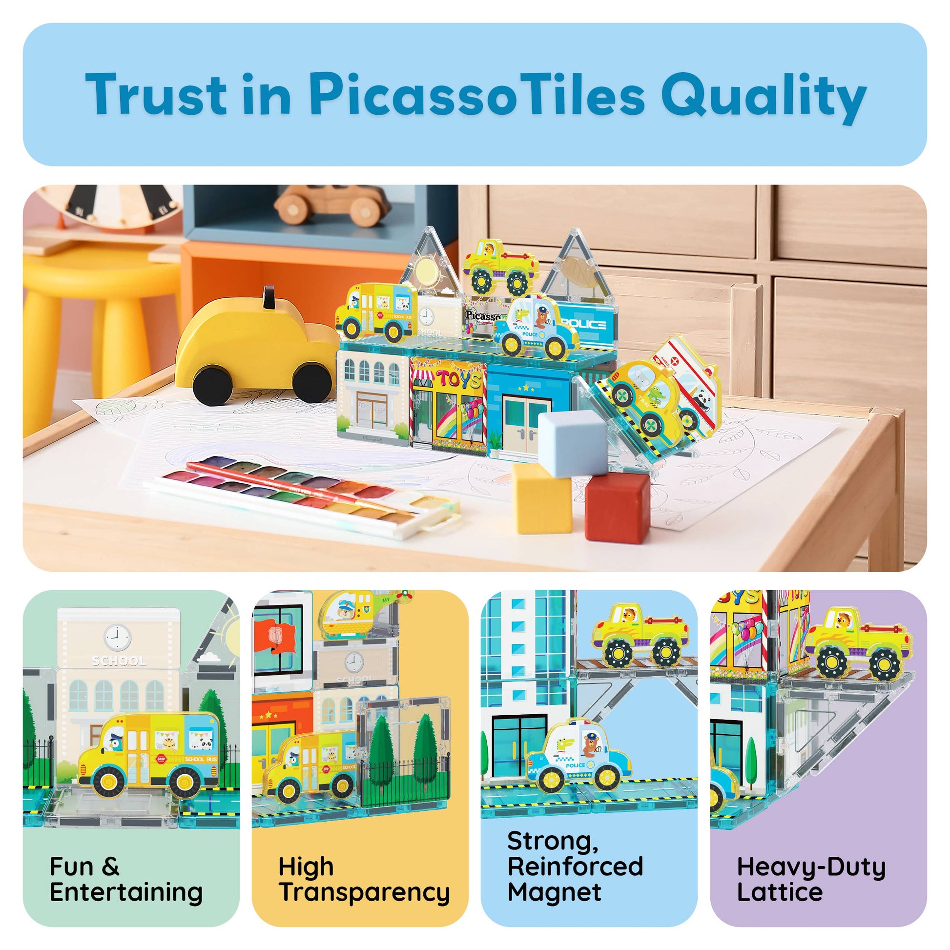 The PicassoTiles 26pc City Theme Magnetic Tile Building Set by PicassoTiles is displayed in a vibrant city layout, showcasing its transparent tiles, fun city vehicles, strong magnets, and heavy-duty lattice for creative play.