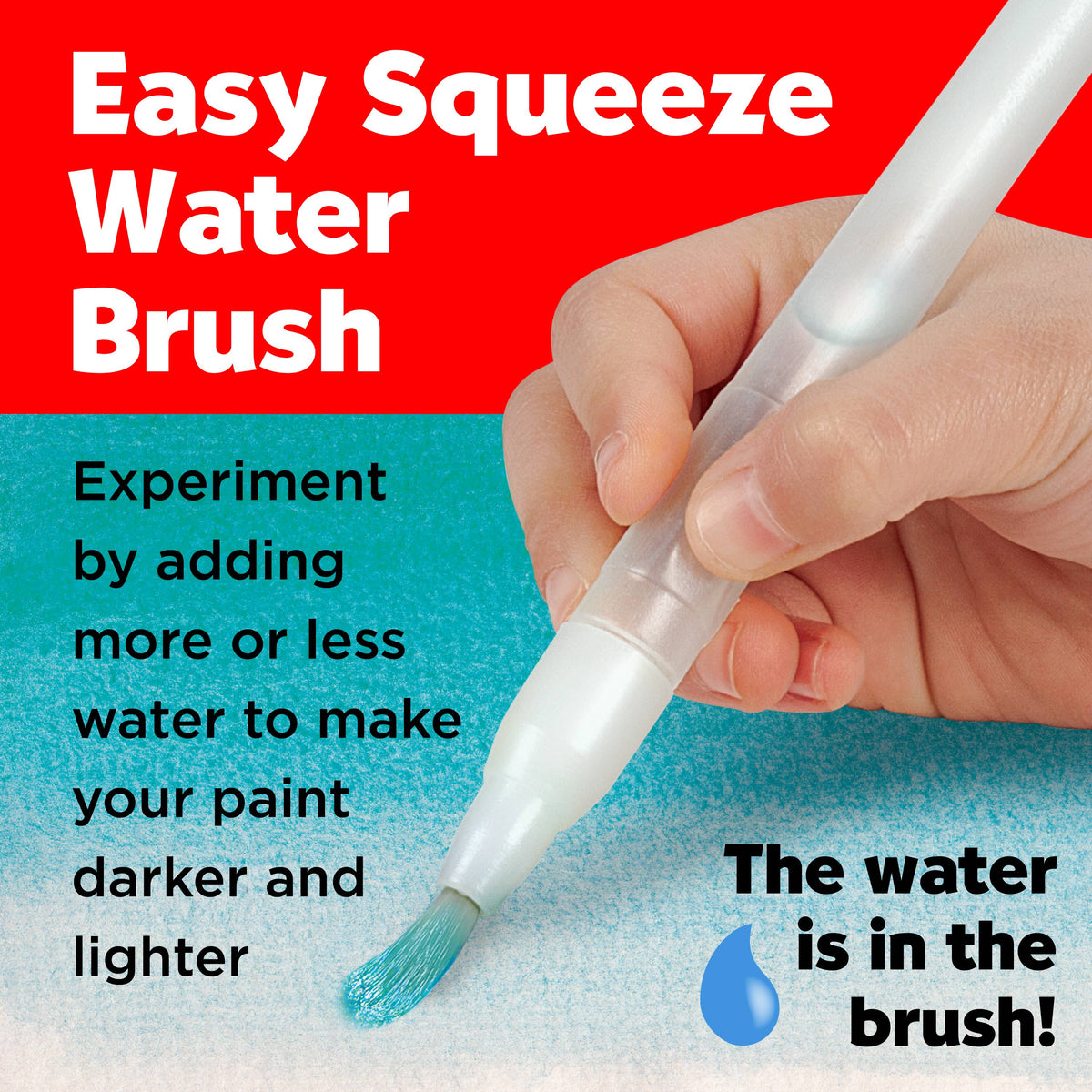A hand holds a clear water brush applying blue paint. Text reads: Easy Squeeze Water Brush from the Young Artist Learn to Watercolor Art Set for Kids by Faber-Castell / Creativity for Kids. Perfect for any watercolor painting kit—experiment by adding more or less water to make your paint darker or lighter. The water is in the brush!.