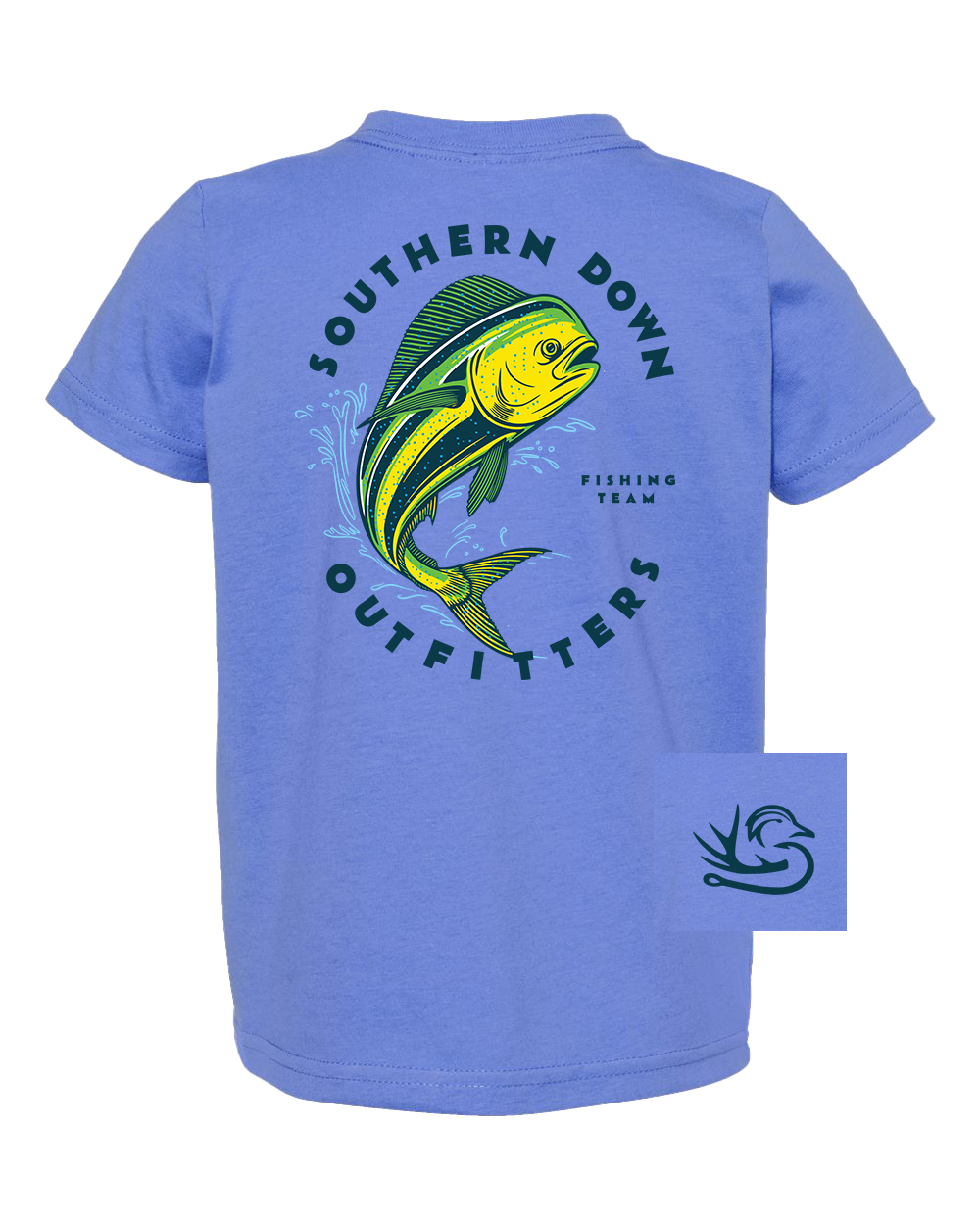 The Classic Mahi Toddler Tee by Southern Down Outfitters features a blue design with a yellow and green fish graphic, “Southern Down Outfitters Fishing Team” text, and a small stylized fish logo on the lower right.