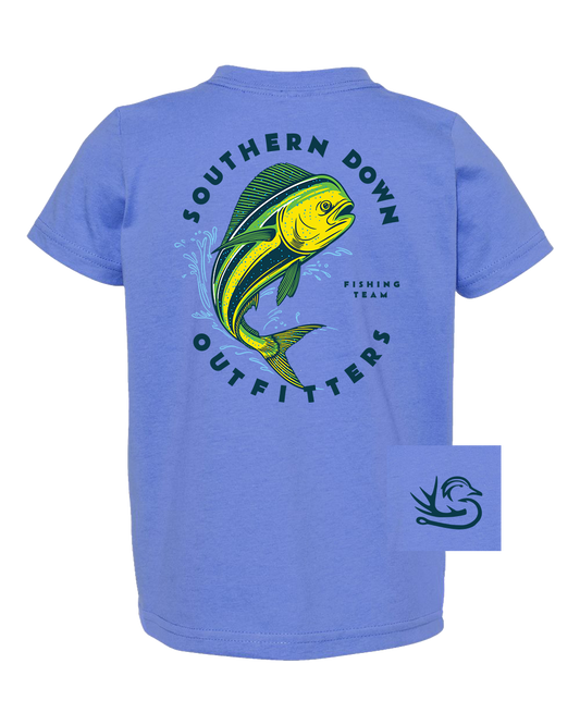 The Classic Mahi Toddler Tee by Southern Down Outfitters features a blue design with a yellow and green fish graphic, “Southern Down Outfitters Fishing Team” text, and a small stylized fish logo on the lower right.