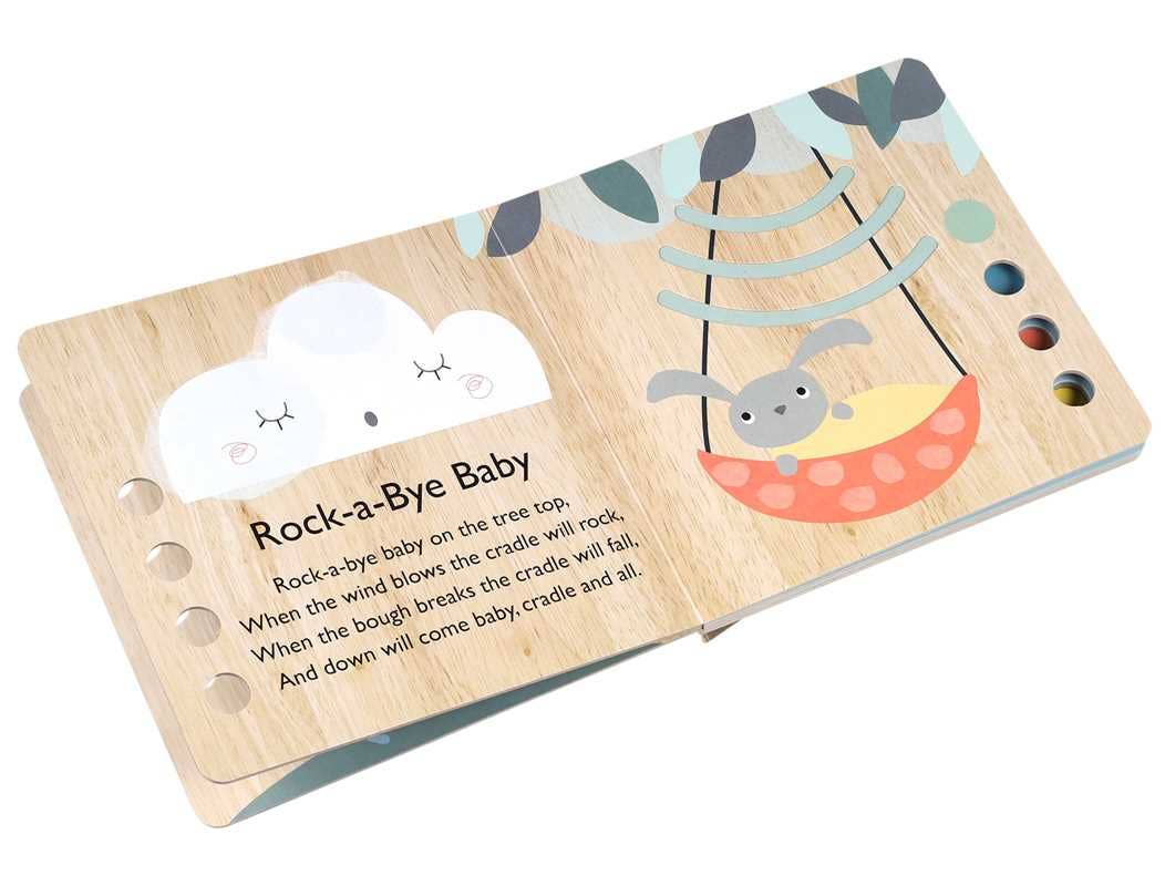 The Hey Diddle Diddle Book by Simon & Schuster features a page with the Rock-a-Bye Baby lullaby, a white cloud on the left, and a gray bunny in a yellow cradle hanging from a tree branch on the right.