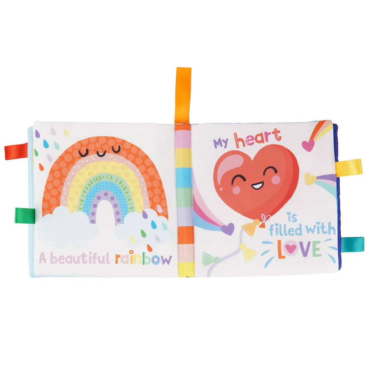 Introducing the Hello, Sunshine! Cloth Book by Cottage Door Press—a charming and colorful baby sensory book. One page showcases a smiling rainbow with fluffy clouds, while the other features a joyful red heart alongside the phrase “My heart is filled with love,” all adorned with delightful ribbons. This soft cloth book is thoughtfully designed to engage curious minds and little hands.