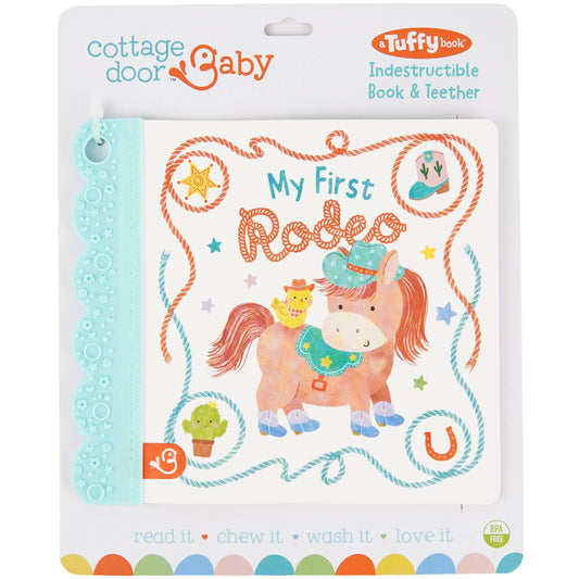 My First Rodeo (A Tuffy Book) from Cottage Door Press is a children’s book featuring a playful cartoon horse and chick on the cover. Designed with a blue teether attached to the spine, this chewable board book is indestructible, washable, and BPA free—an ideal choice for curious little hands and mouths.