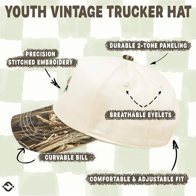 Off-white Funky Junque Mallard Duck Vintage Hat with a camouflage-patterned bill and embroidered mallard, featuring callouts for its stitching, paneling, eyelets, and adjustable fit.