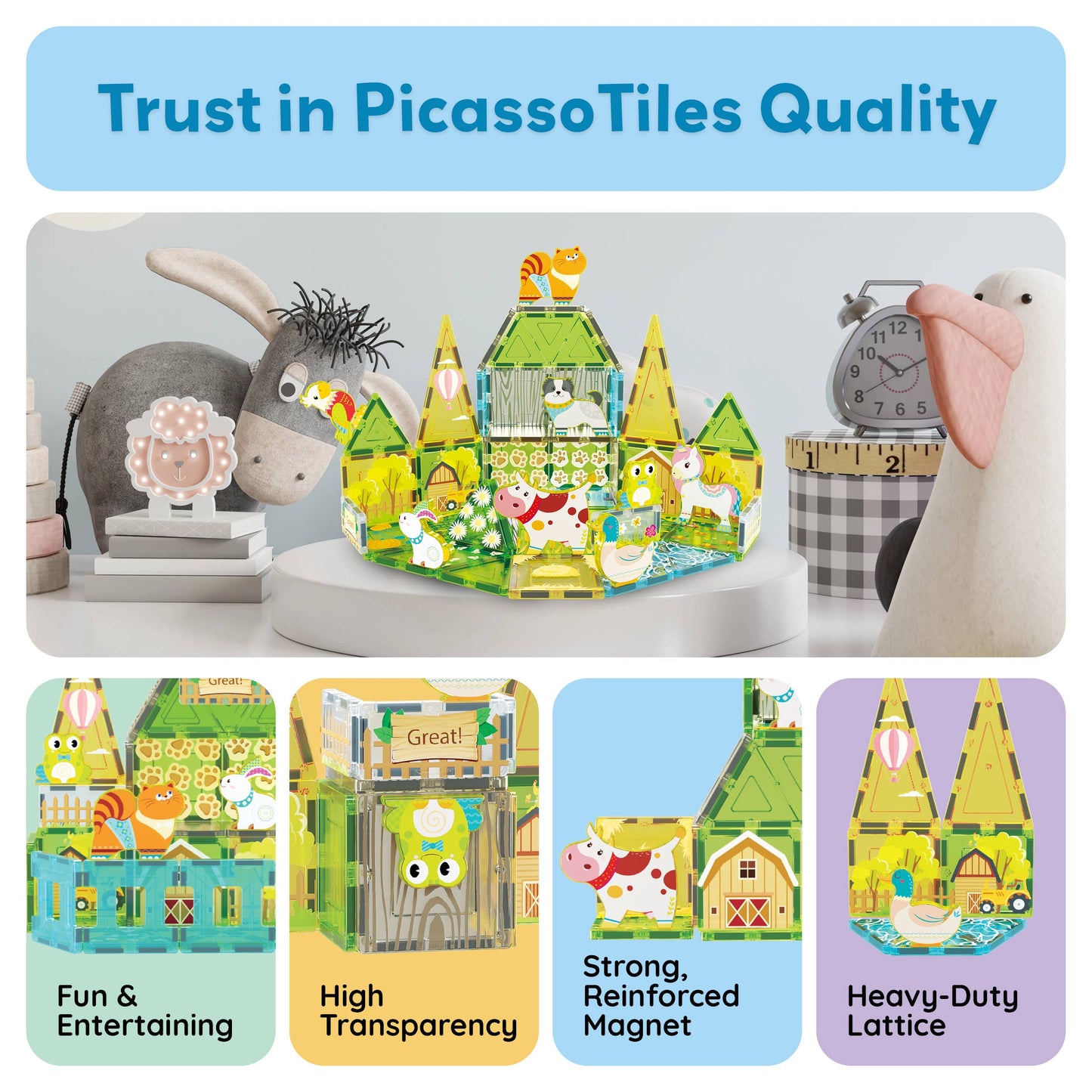 PicassoTiles 26pc Magnetic Tile Farm Theme Toy Set PTQ27 features colorful, transparent tiles with strong magnets and a durable lattice structure. Build a barn with animal designs—trust in PicassoTiles quality for creative farm fun!.