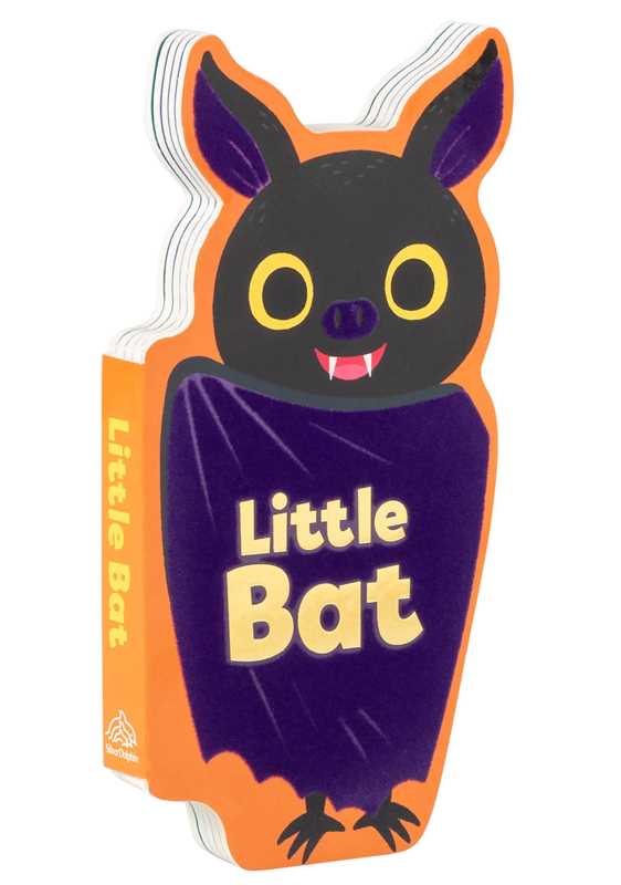 The Little Bat by Maggie Fischer book from Simon & Schuster is a children’s board book shaped like a bat, featuring the title “Little Bat” on the cover and an illustration of a smiling bat with big yellow eyes and fangs, set against an orange and purple background.