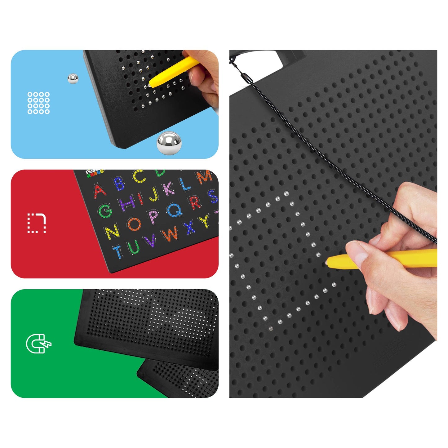 The PicassoTiles Double-Sided Magnetic Drawing Tablet Pad by PicassoTiles is shown in use with a yellow stylus raising metal beads on a black grid. Insets highlight its versatility for drawing letters, shapes, and creative designs.