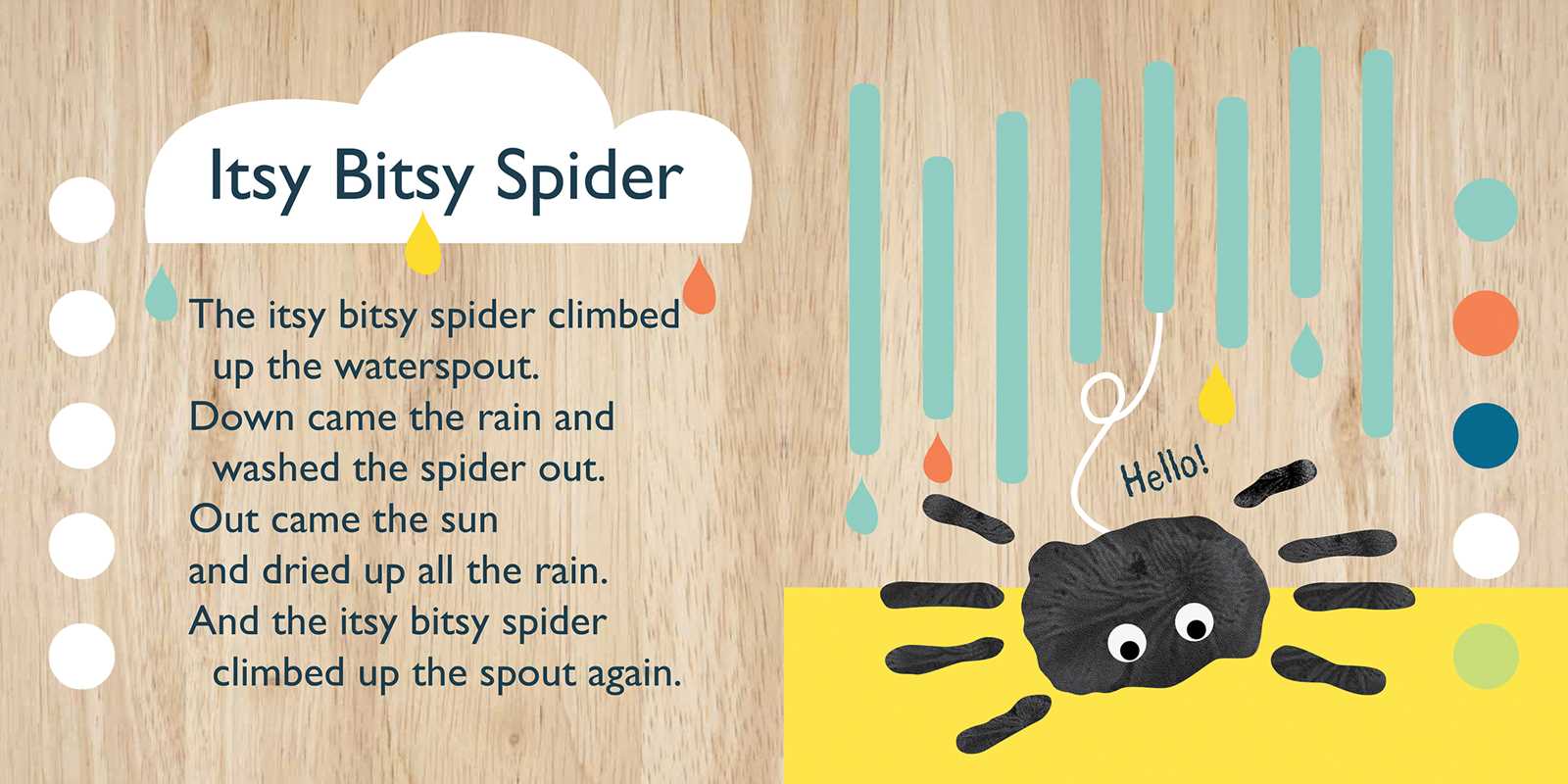 The Simon & Schuster Itsy Bitsy Spider Book features vibrant raindrops, a cheerful black spider waving hello, and the nursery rhyme text set against a wooden background.