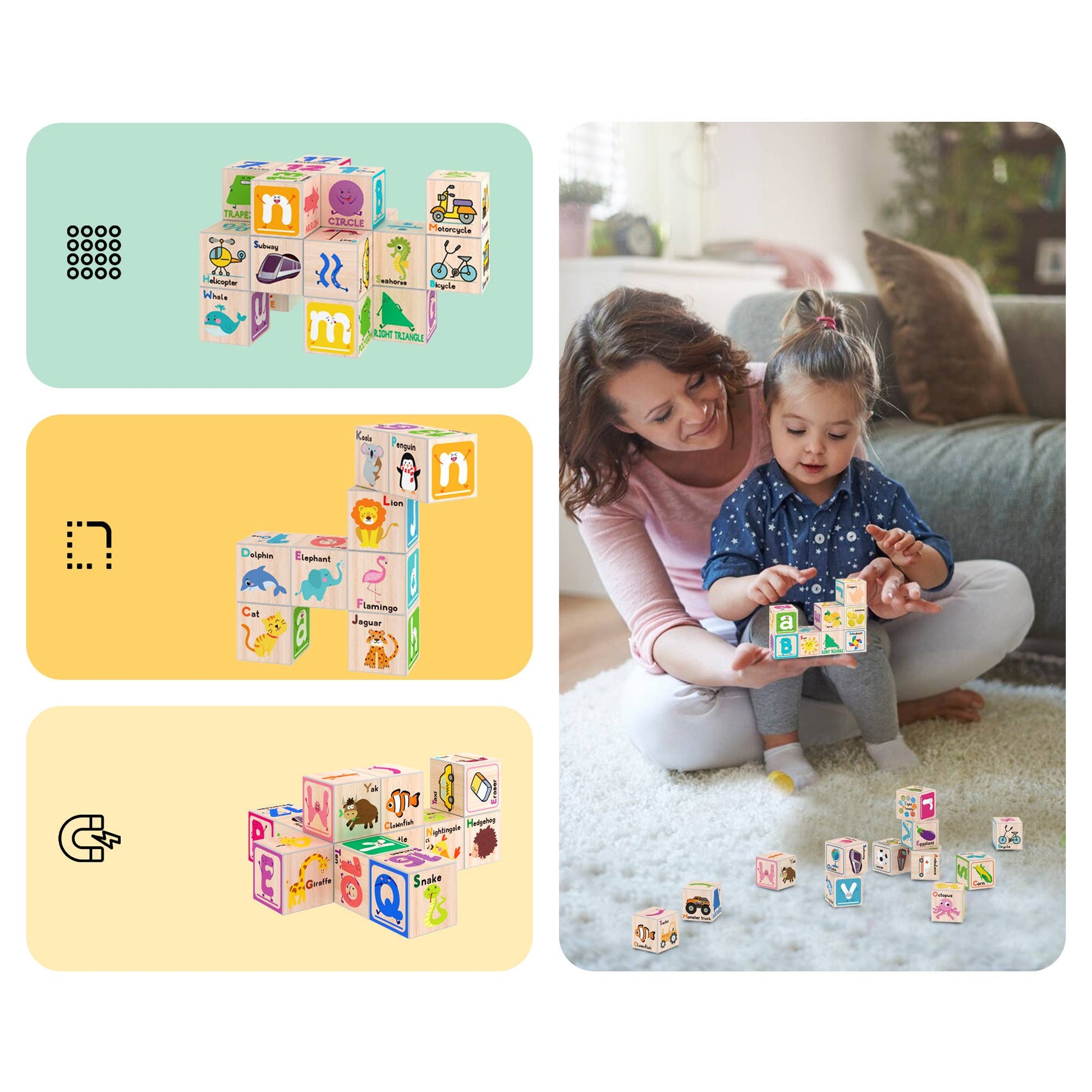 A woman and a young girl sit on a carpet, playing with colorful PicassoTiles 36pc 1" Magnetic Cubes by PicassoTiles. Three sections on the left show close-ups of letter cubes featuring animal and object pictures.