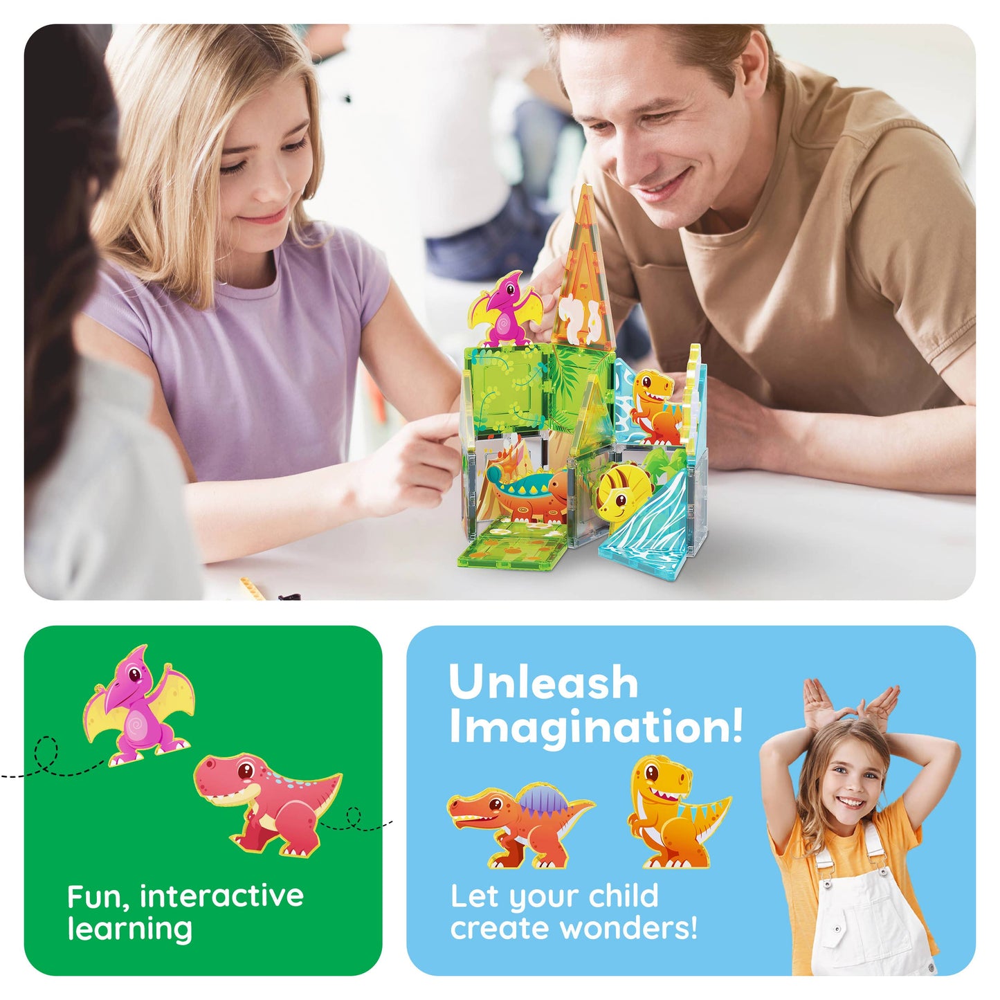 A smiling girl and man play with the PicassoTiles 26pc Dino Theme Magnetic Tile Building Set. Cartoon dinosaurs and text below say, "Fun, interactive learning" and "Unleash Imagination! Let your child create wonders!.