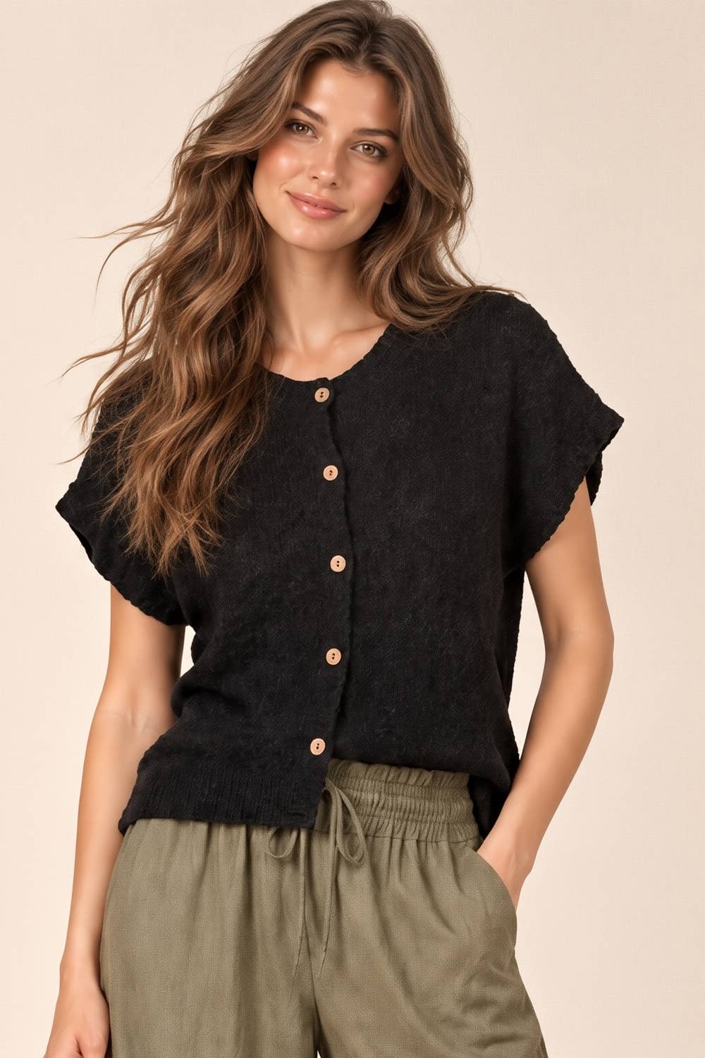 VERY J Black Knit Sweater Top featuring a black short-sleeved knit design with a button-down front and light-colored buttons.