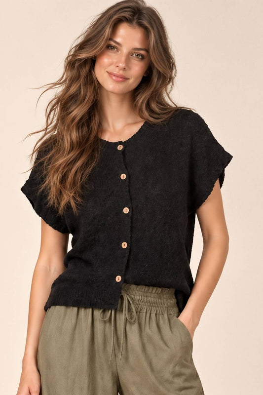 VERY J Black Knit Sweater Top featuring a black short-sleeved knit design with a button-down front and light-colored buttons.