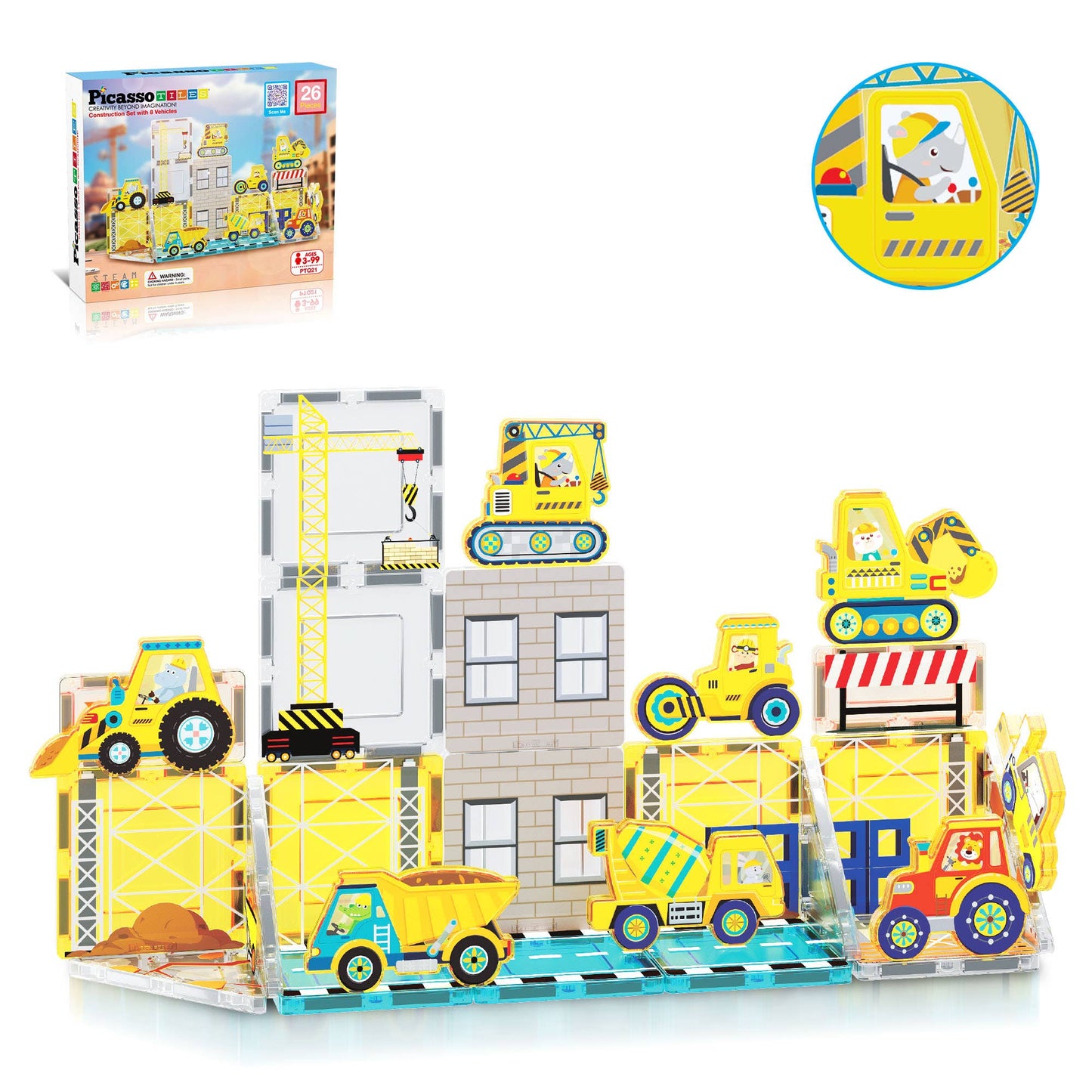 The PicassoTiles 26 Piece Magnetic Building Set by PicassoTiles is a colorful construction-themed playset for kids, featuring magnetic building blocks and toy vehicles like dump trucks, excavators, cranes, plus a box and crane illustration with a bear operator.