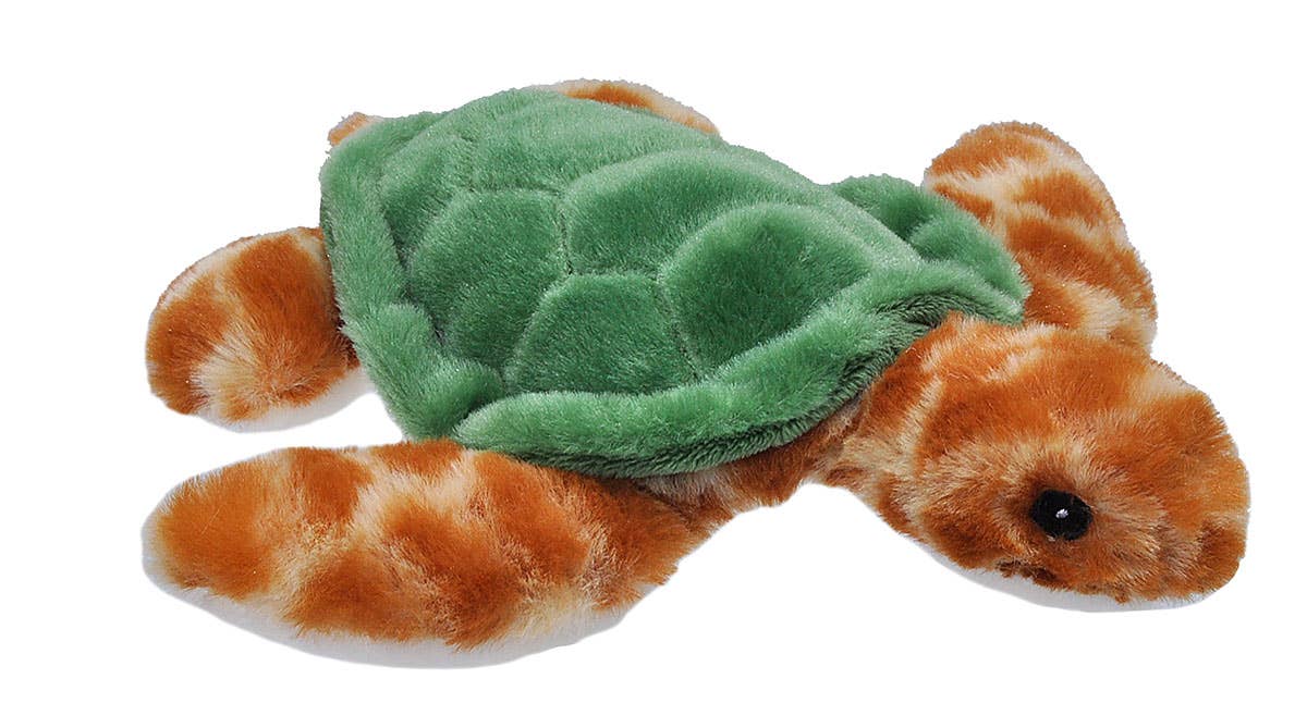 The Wild Republic Mini Sea Turtle Stuffed Animal features a green shell and orange-brown flippers and head, displayed on a white background.