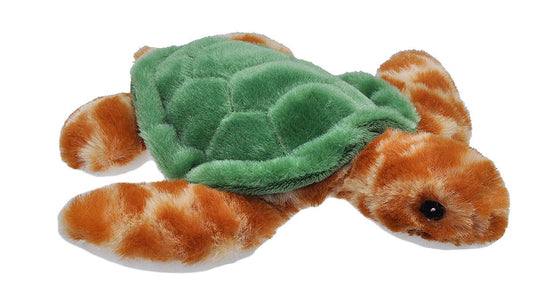 The Wild Republic Mini Sea Turtle Stuffed Animal features a green shell and orange-brown flippers and head, displayed on a white background.