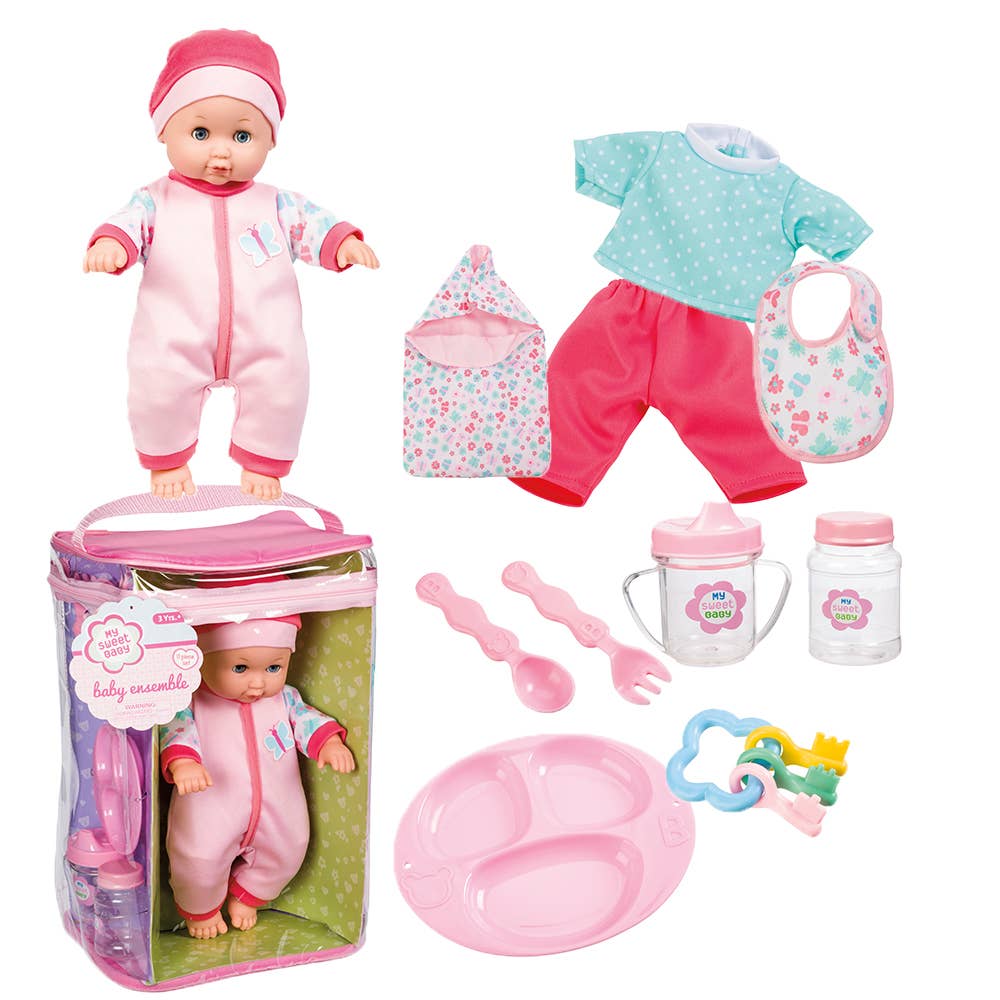 The Toysmith My Sweet Baby Deluxe Baby Ensemble 12-Piece Doll Playset features a baby doll dressed in a pink outfit, extra clothes, bib, feeding bottles, utensils, divided plate, teething keys, and a zippered storage bag—offering all the essential doll accessories needed for hours of imaginative pretend play.