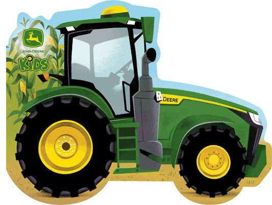 Illustration of a green tractor with yellow wheels, featuring the Cottage Door Press and John Deere Kids logos and corn plants in the background—perfect for fans of John Deere Kids: How Tractors Work Shaped Board Book or anyone searching for a fun preschool tractor book.