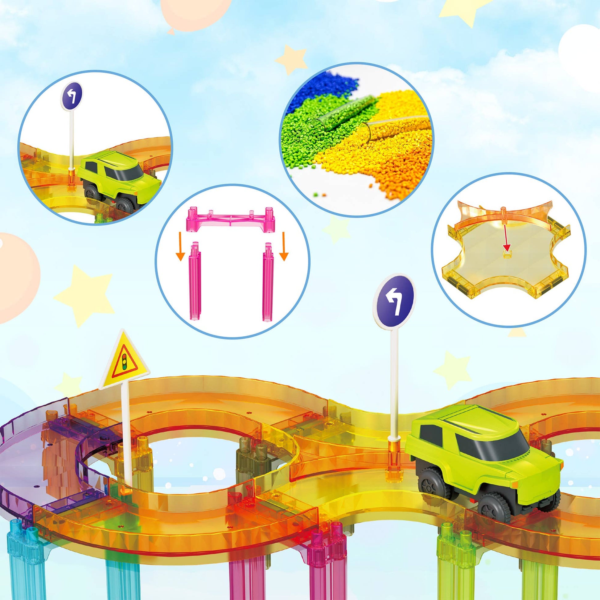 The PicassoTiles 40pc Travel Size Magnetic Tile Race Track Set by PicassoTiles features a green toy car, colorful interlocking track pieces, road signs, and accessories. Insets highlight track connectors, foam beads, bridge assembly, and the finished bridge.