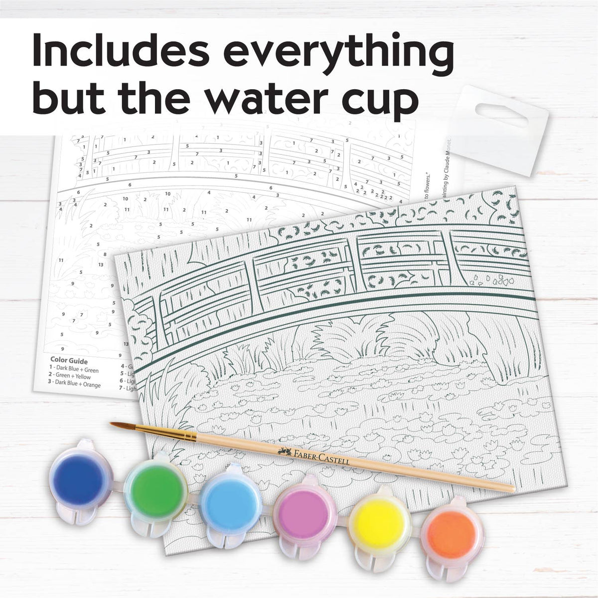Create your masterpiece with the Faber-Castell / Creativity for Kids Paint by Number Museum Series - The Japanese Footbridge. This kit includes two paint-by-number sheets—one featuring a scene inspired by The Japanese Footbridge—six colorful paint pots, a paintbrush, a mixing sheet, and an artist canvas so you can paint like the Masters. Just add water; everything else is included!.
