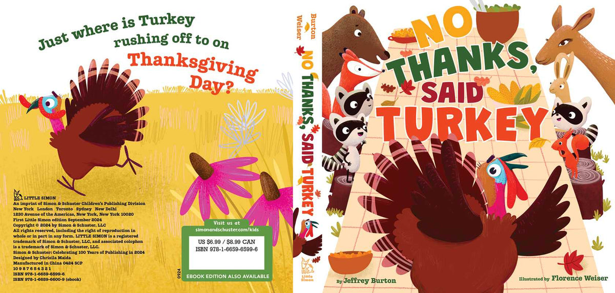 Cover of the No Thanks, Said Turkey Book featuring an illustration of a turkey surrounded by various woodland animals, with the title in large, bold letters.