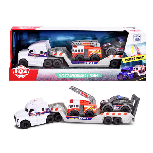 A toy set called the Simba Dickie - Micro Emergency Truck by Toysmith features a white police transport truck that carries small police, fire, and rescue vehicles. The truck is shown both in its packaging and out, with the label “Micro Emergency Truck.”.