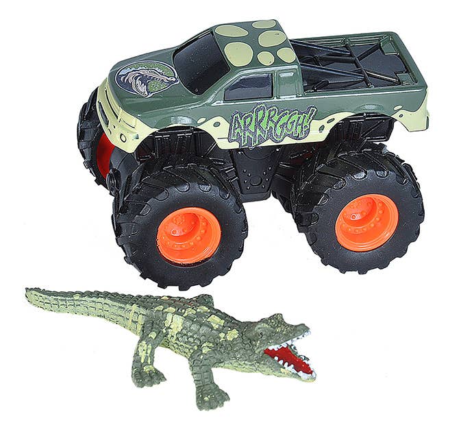 The Wild Republic Adventure-Mini Truck Crocodile is a green toy monster truck with large black wheels, orange rims, and a crocodile design featuring "ARRRGGH!" on its side. It's shown next to a small toy crocodile with an open mouth.