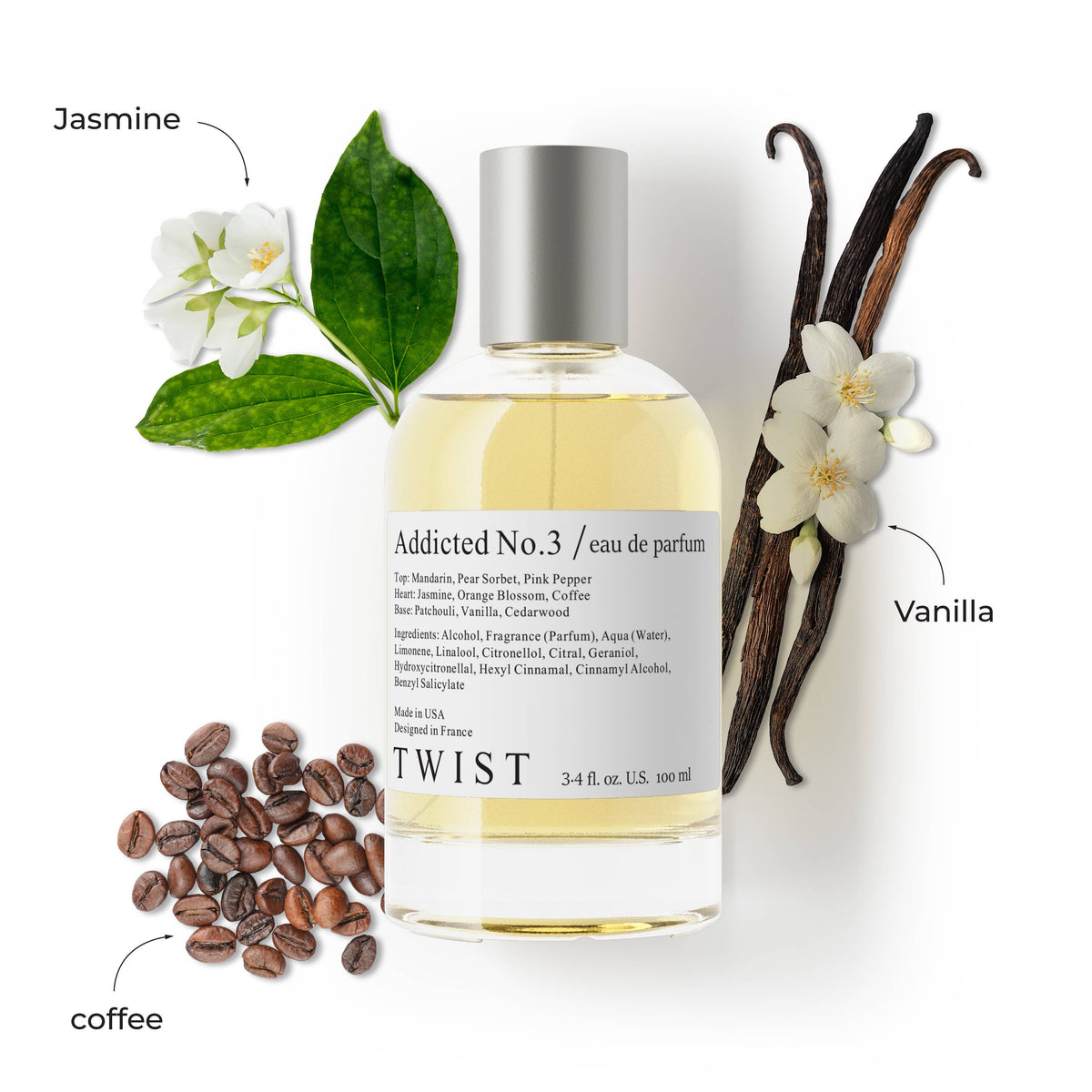 A bottle of Addicted No.3 Perfume by House of Twist is displayed amidst jasmine flowers and leaves, vanilla beans with blossoms, and coffee beans—highlighting the fragrance notes of this French scent. This long-lasting perfume for women delivers an elegant scent experience inspired by nature.