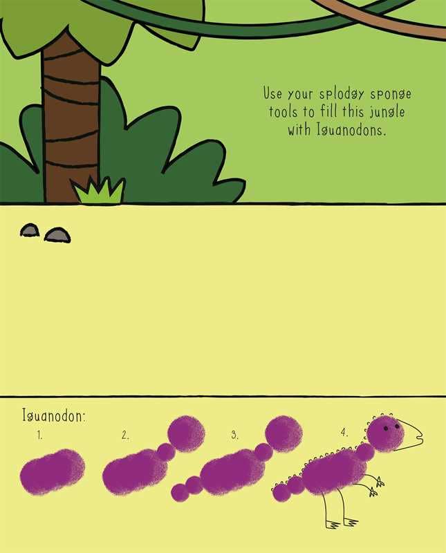 The Dinosaur Sponge Art Activity Book by Simon & Schuster features a jungle scene and guides kids to fill it with Iguanodons. Follow step-by-step instructions to sponge print a purple Iguanodon, finishing with an easy dinosaur drawing.