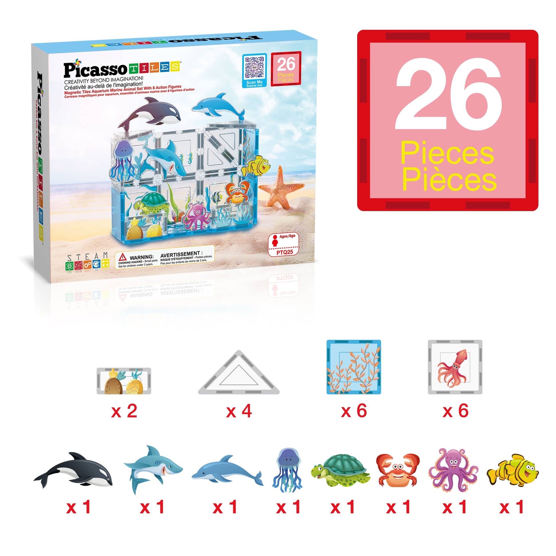 The PicassoTiles 26 Piece Marine World Magnetic Building Set by PicassoTiles features magnetic tiles, ocean animal figures (whale, dolphins, fish, jellyfish, crab, octopus, seahorse), and comes in an illustrated box with a piece count graphic.