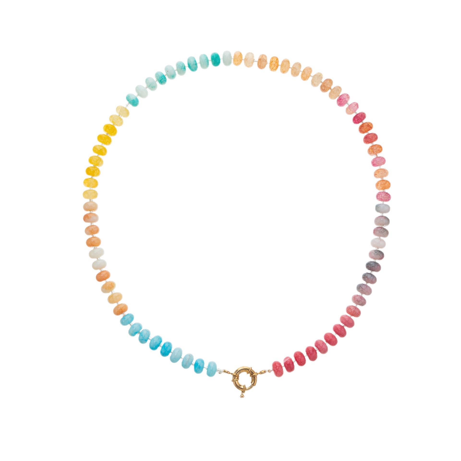 JOSSLYN by wall to wall’s Natural Stone Glass Mixed Necklace features round, multicolored beads artfully arranged in a gradient from red to yellow to blue, and is finished with a gold clasp at the bottom center.