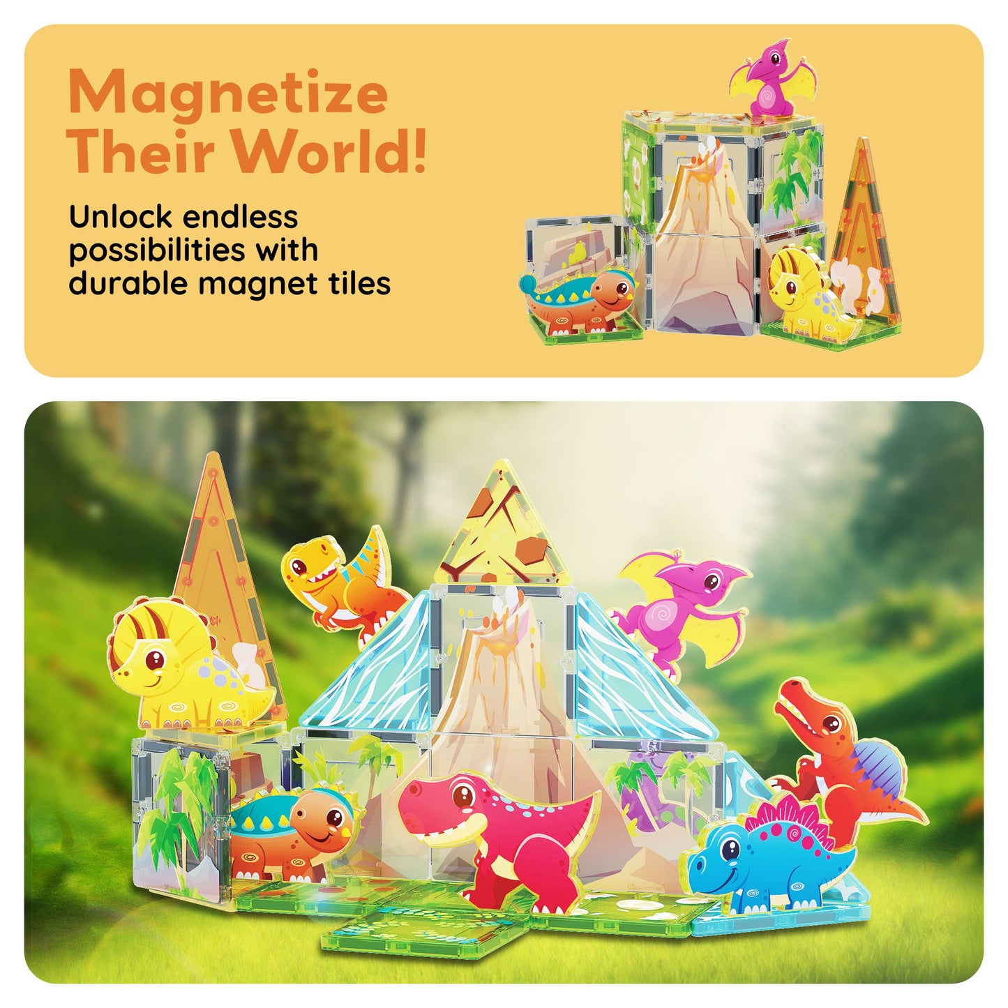 PicassoTiles 26pc Dino Theme Magnetic Tile Building Set: Colorful tiles form a house, surrounded by playful dinosaurs. Magnetize Their World! Discover endless possibilities with durable PicassoTiles.