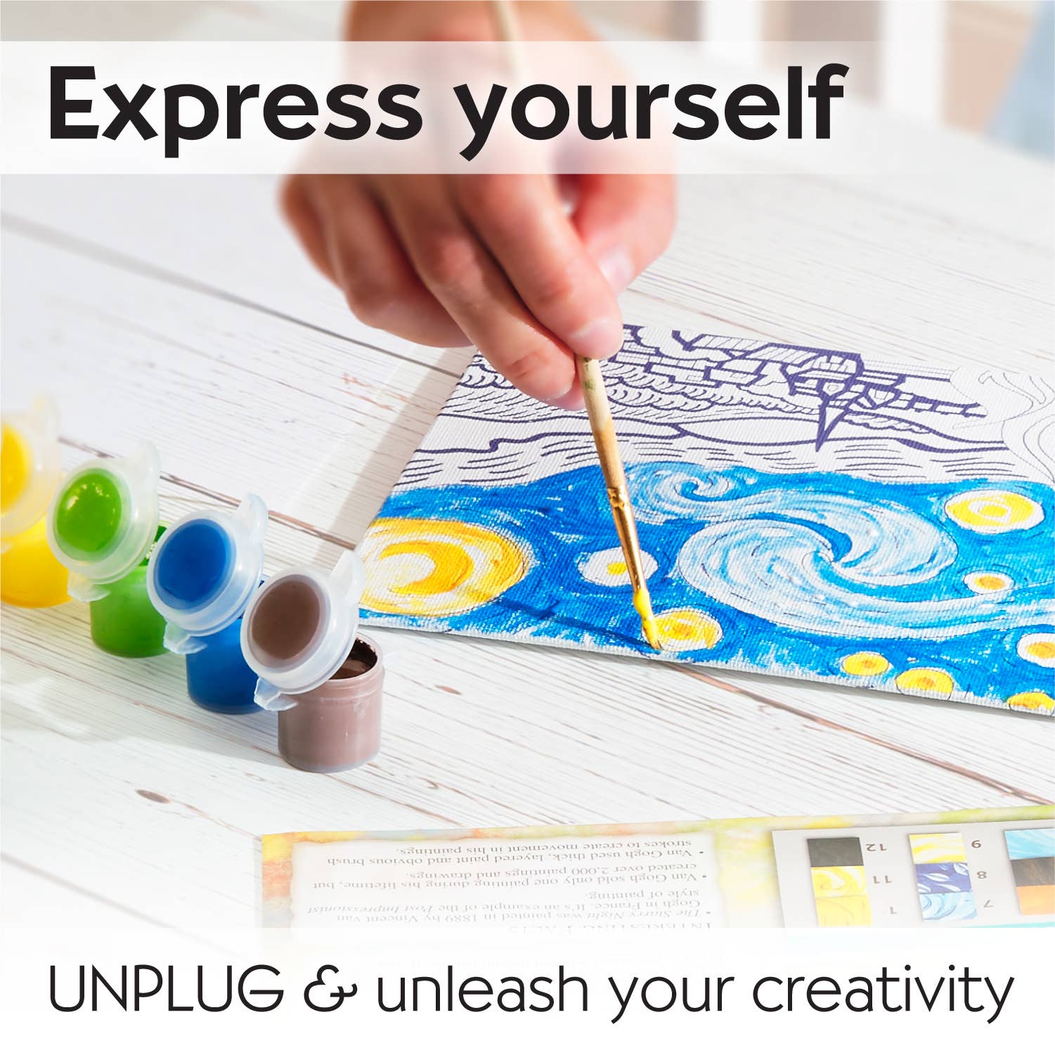 A hand uses a brush to bring The Starry Night to life with the Paint by Number Museum Series kit from Faber-Castell / Creativity for Kids—ideal for beginner artists. Four small paint pots and a step-by-step guide are set on a white wooden table. Text reads: Express yourself. UNPLUG & unleash your creativity.
