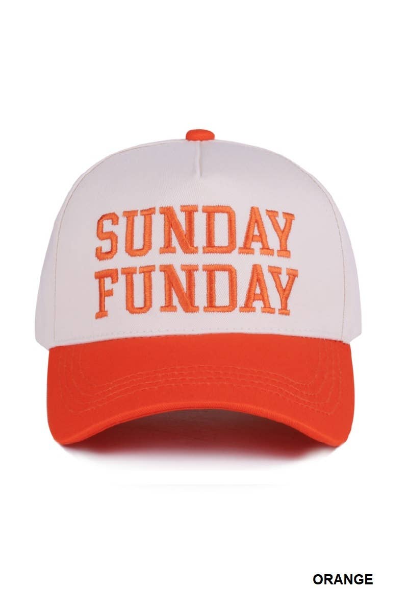 The 42POPS Sunday Funday Hat features a white and orange design with “SUNDAY FUNDAY” embroidered in orange on the front. The brim and top button are also orange, with the word “ORANGE” positioned in the lower right corner.