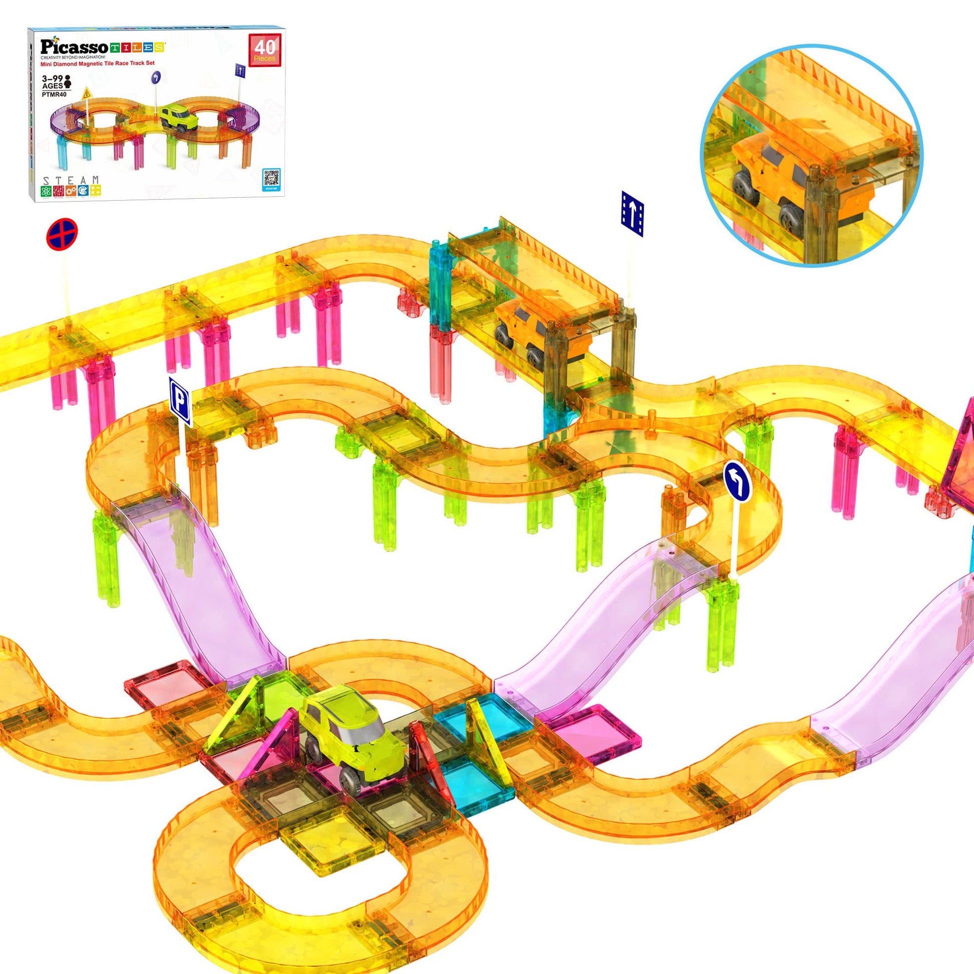 The PicassoTiles 40pc Travel Size Magnetic Tile Race Track Set features a vibrant, translucent plastic track with ramps, bridges, winding paths, street signs, and small toy cars. The PicassoTiles product box is visible in the top left corner.