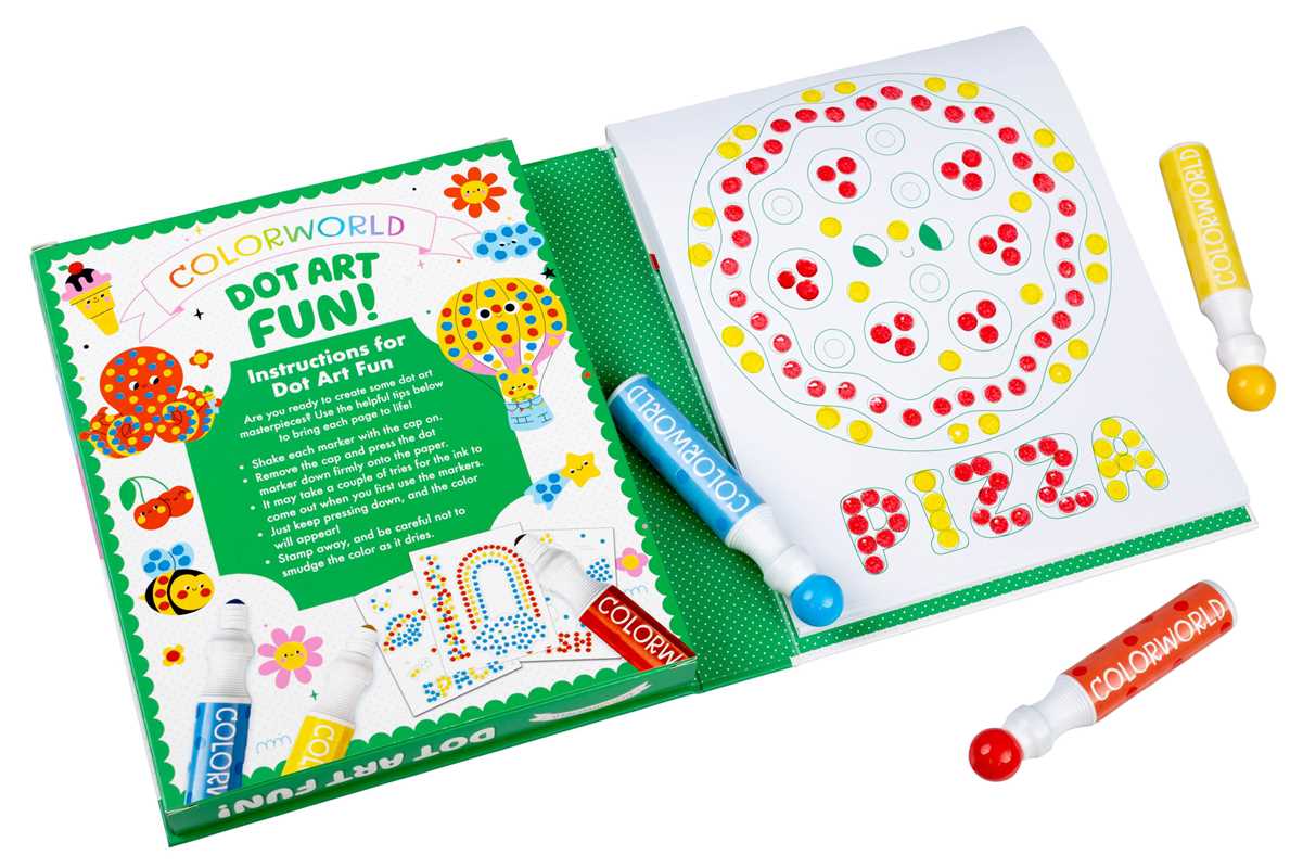 The Simon & Schuster ColorWorld: Dot Art Fun Activity Book features instructions, a PIZZA-themed coloring page, and three dot markers—yellow, blue, and red. The instructions page is decorated with balloons and colorful examples.