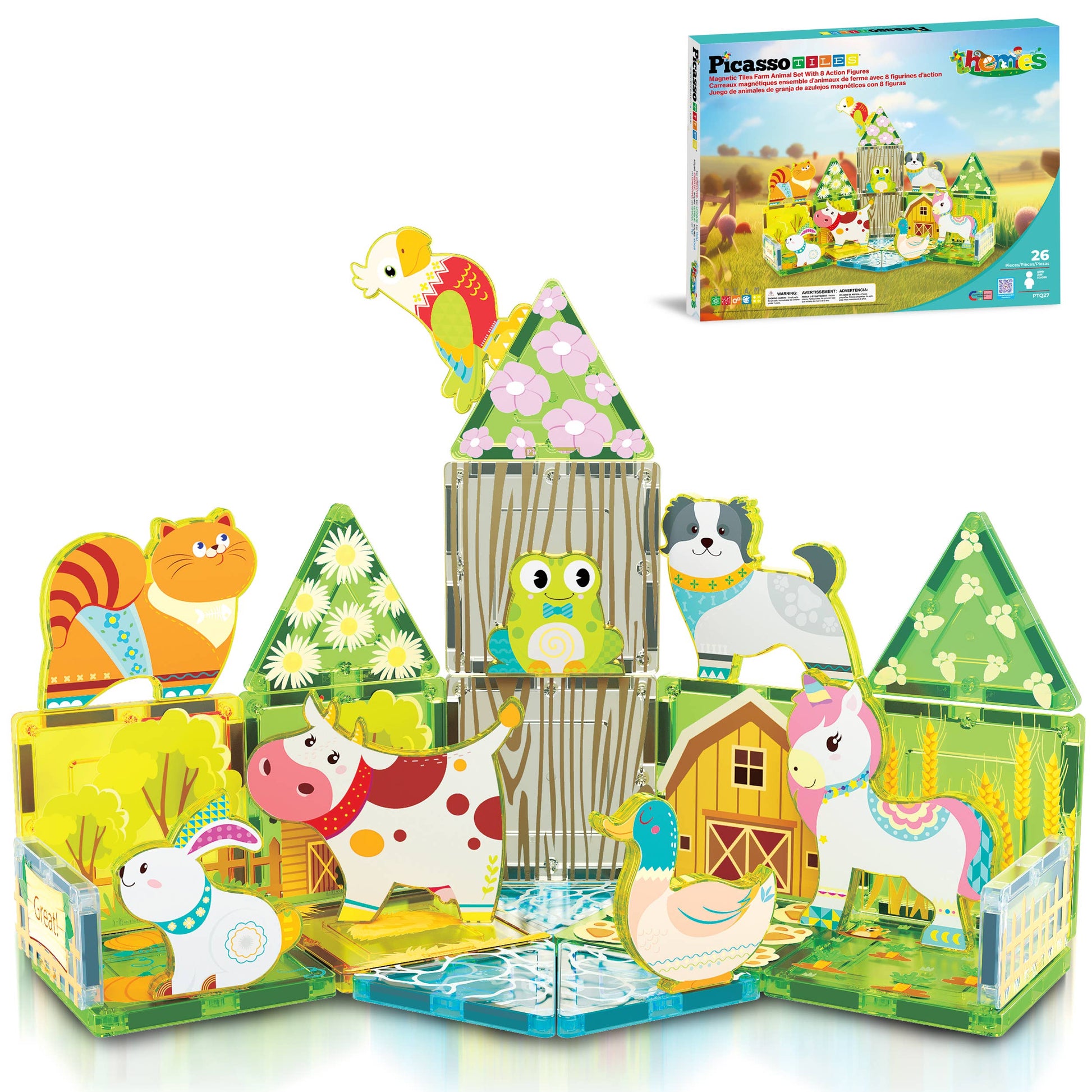 The PicassoTiles 26pc Magnetic Tile Farm Theme Toy Set (PTQ27) by PicassoTiles is assembled into a farm scene with animals, trees, and a barn, with the product box displayed in the background.