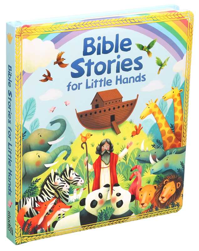 The Bible Stories for Little Hands Book by Simon & Schuster features a vibrant cover with Noah’s Ark, animals, and a bearded man in a red robe in a colorful landscape.