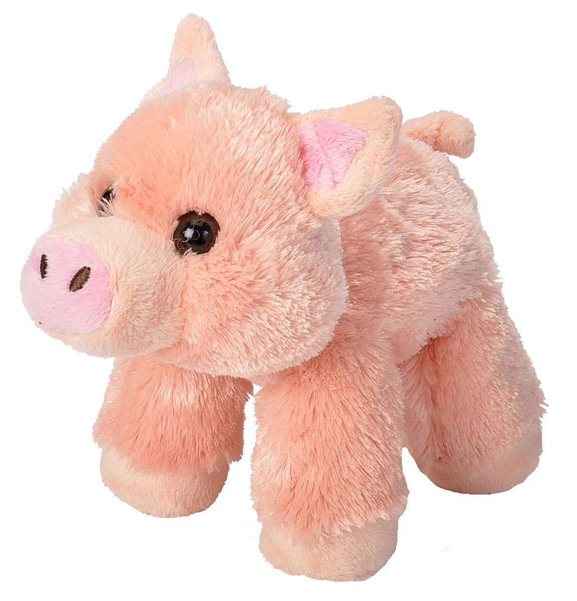 The Wild Republic Mini Pig Stuffed Animal is a soft, plush pink pig with big black eyes, a round snout with pink nostrils, floppy ears, a curled tail, and stands on four legs.