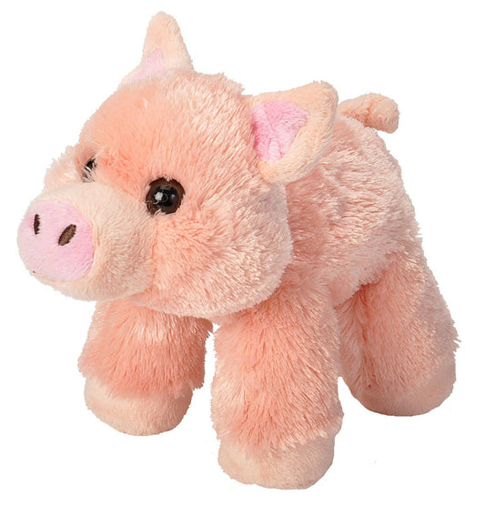 The Wild Republic Mini Pig Stuffed Animal is a soft, plush pink pig with big black eyes, a round snout with pink nostrils, floppy ears, a curled tail, and stands on four legs.