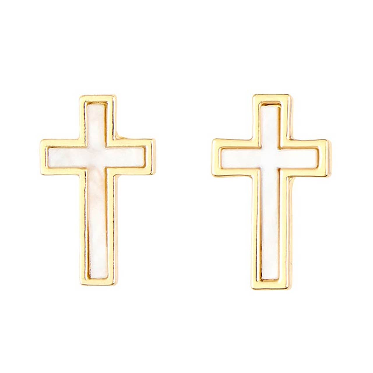 A pair of Mother of Pearl Cross Filled Display earrings by Faithworks by Creative Brands is shown against a plain white background.