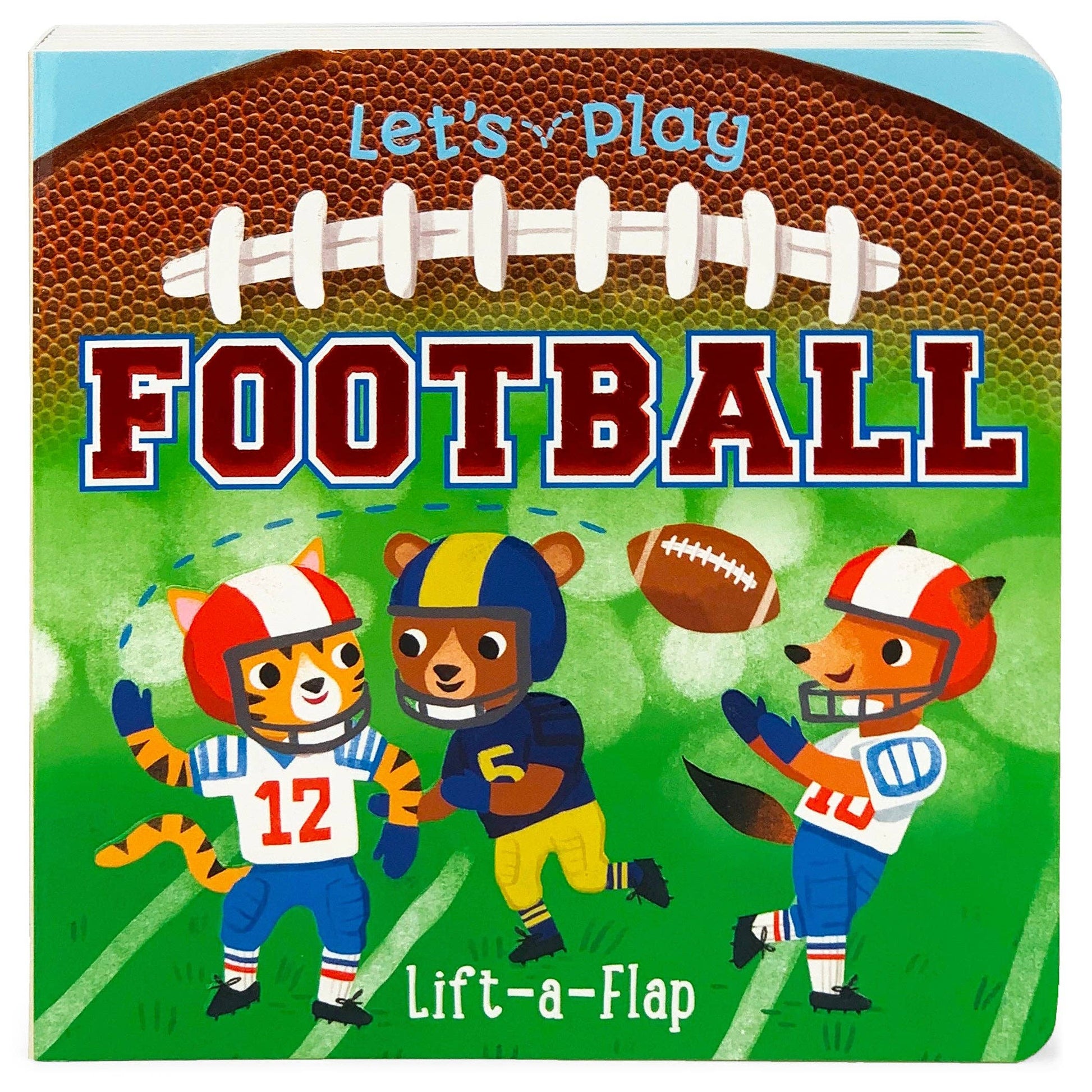 The cover of the Let’s Play Football Lift-a-Flap Sports Board Book by Cottage Door Press features a tiger, bear, and fox dressed in football gear playing on a field, with a large football and the word “FOOTBALL” above them. Designed with sturdy pages and interactive lift-a-flap elements to engage young readers, this board book is perfect for little fans eager to learn about football. The text on the cover reads: Let’s Play FOOTBALL Lift-a-Flap.