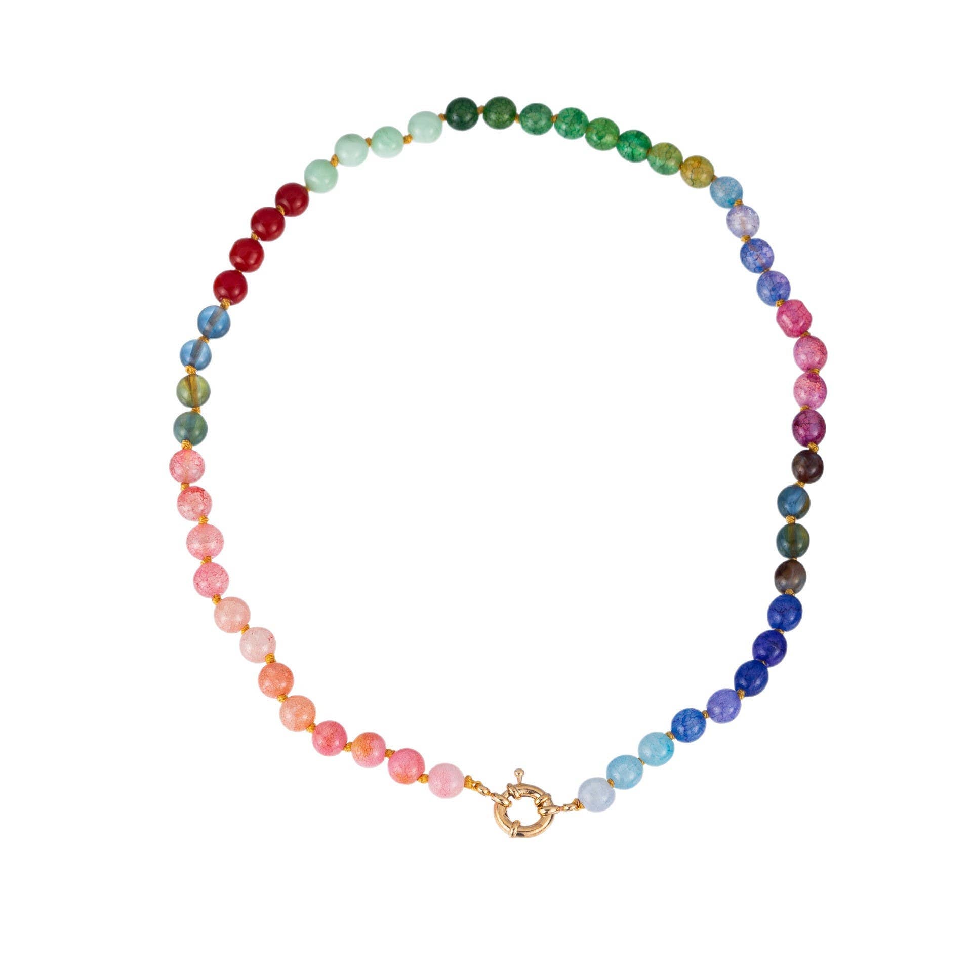 The JOSSLYN by wall to wall Natural Stone Glass Mixed Necklace features round beads in a gradient of rainbow colors, arranged from red to green to blue, and is finished with a gold clasp.