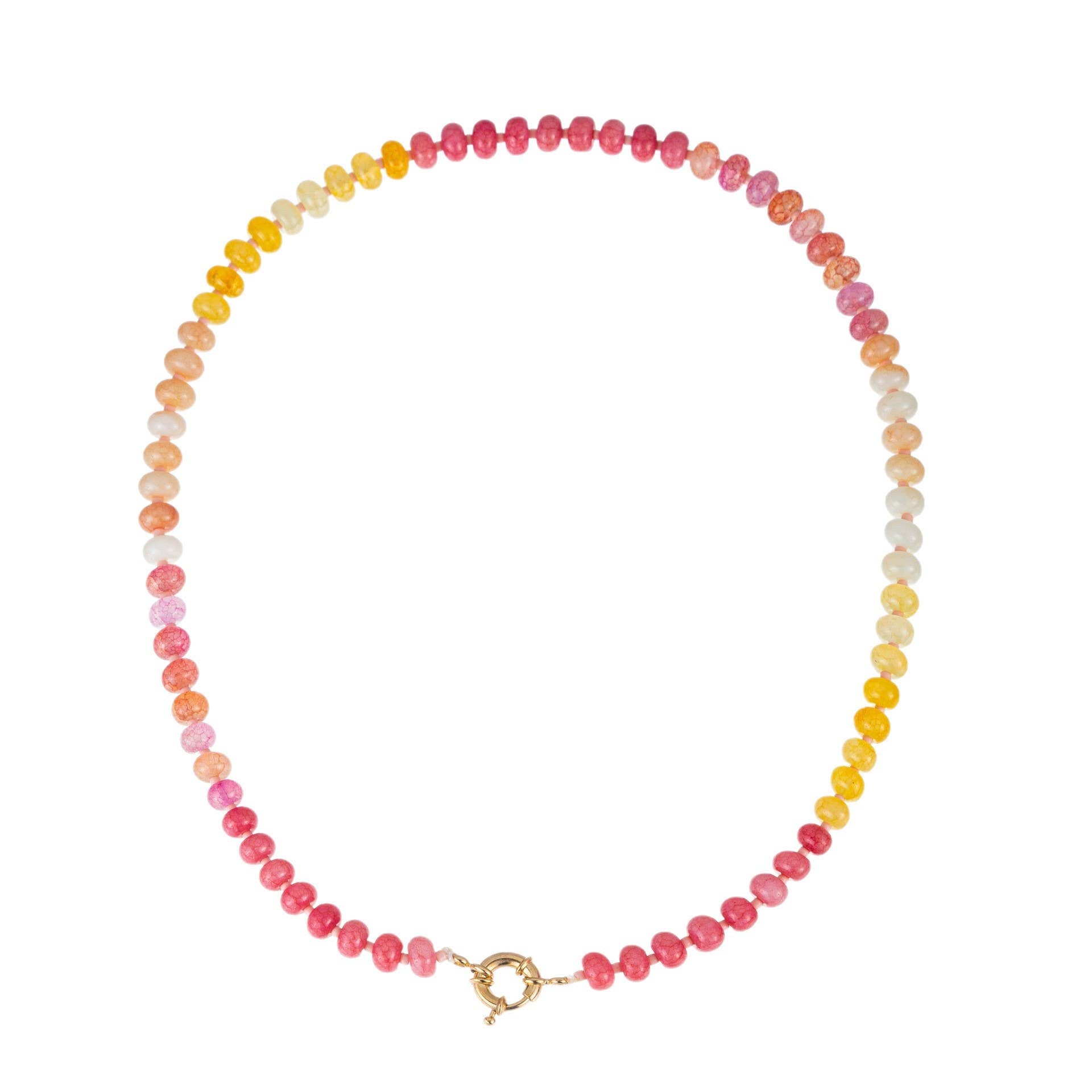 The JOSSLYN by wall to wall Natural Stone Glass Mixed Necklace features round beads arranged in a gradient of pink, red, orange, yellow, and white hues, finished with a gold clasp.