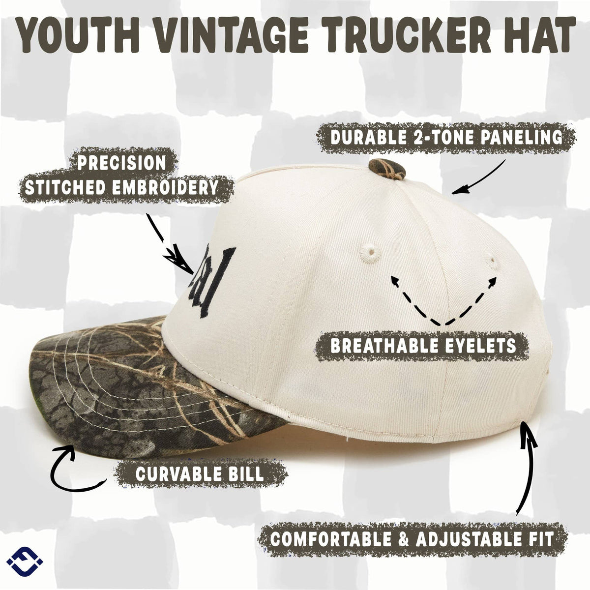 Funky Junque Feral 2-Tone youth trucker hat with a cream-colored crown, a camouflage bill, and arrows pointing to features including precision embroidery, durable paneling, breathable eyelets, and a curvable, adjustable design.
