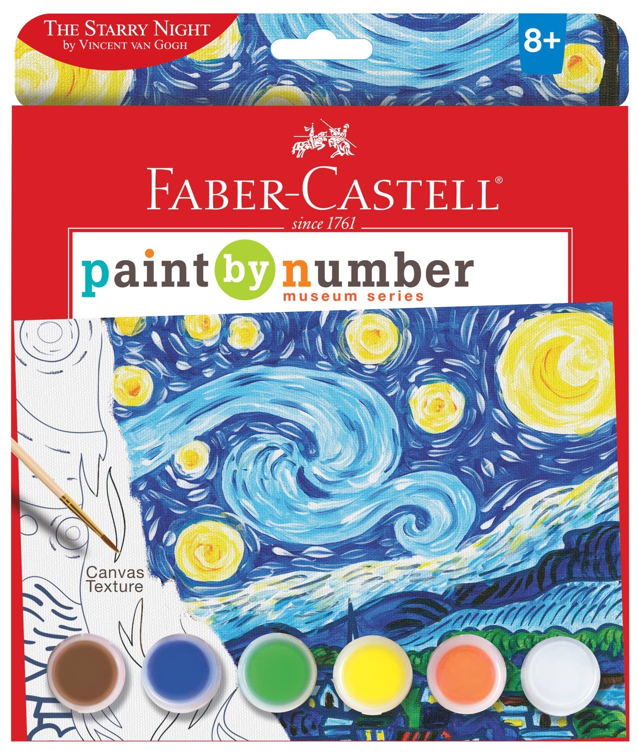 The Paint by Number Museum Series - The Starry Night kit by Faber-Castell / Creativity for Kids is designed for beginner artists ages 8 and up, and includes a partially painted canvas inspired by Van Gogh’s The Starry Night, six paint pots, and a brush.