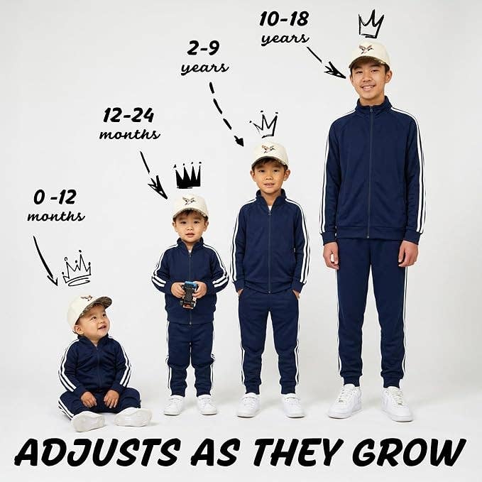 Four children, from infant to teenager, wear matching navy Mallard Duck Vintage Hat caps, featuring an adjustable design that grows with them.