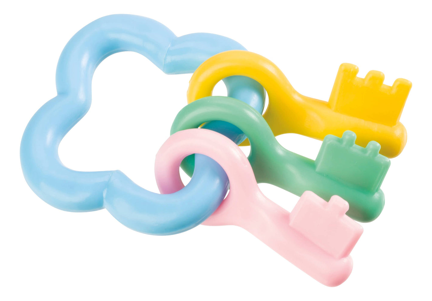 Included in the Toysmith My Sweet Baby Deluxe Baby Ensemble 12-Piece Doll Playset, three vibrant plastic toy keys (yellow, green, and pink) are attached to a blue plastic key ring—ideal for doll accessories or enhancing creative pretend play in any baby doll playset. Shown isolated on a white background.