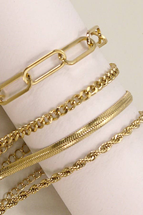 Four JOSSLYN by wall to wall Dainty Gold Bracelets, each featuring a unique chain design, are displayed on a white cylindrical holder, highlighting the variety of links and textures.
