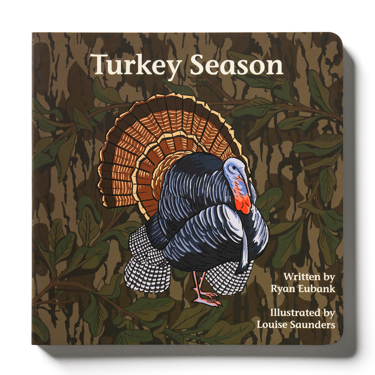 The Mossy Oak Edition Turkey Season Children’s Book by Explore the Outdoors Books features an illustrated turkey with a fanned tail on a leafy, brown background. Written by Ryan Eubank and illustrated by Louise Saunders, this charming story invites young readers to learn about scouting for turkeys and discover the sights and sounds of turkey season.