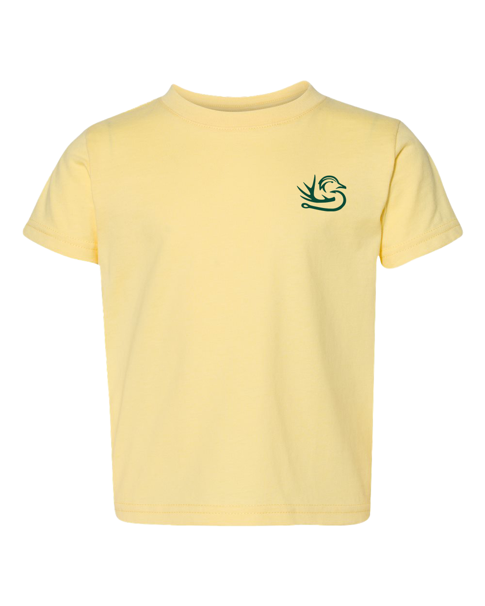 The Swamp Shack Toddler Tee by Southern Down Outfitters is a light yellow, short-sleeve shirt with a crew neckline and features a small green bird logo on the left chest. Simple and classic design.